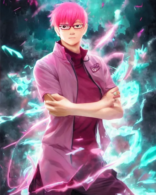 Image similar to Saiki K, Kusuo Saiki, pink hair male protagonist, manga artwork, detailed artwork, by Ruan Jia and Gil Elvgren, fullbody