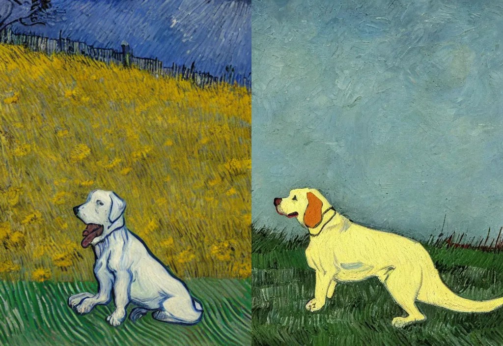 Prompt: A white and yellow dog was rolling in the field,In the style of Van Gogh.