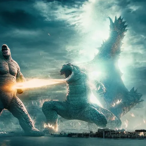 Prompt: giant white man fighting Godzilla in the city, 4k