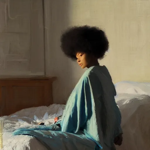 Image similar to girl with afro, in kimono, backview, sitting on edge of bed, by jeremy lipking, tim rees, joseph todorovitch