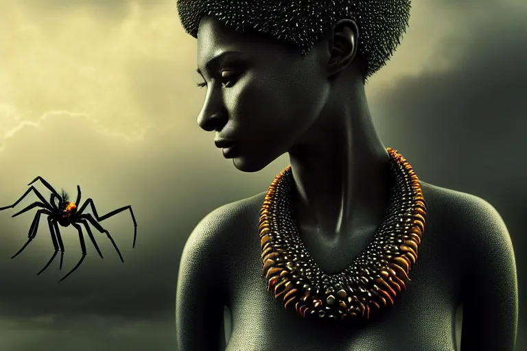 Image similar to realistic detailed photorealistic portrait movie shot of a beautiful black woman with a giant spider, dystopian city landscape background by denis villeneuve, amano, yves tanguy, alphonse mucha, ernst haeckel, david lynch, edward robert hughes, roger dean, cyber necklace, fashion shoot, rich moody colours, cyber patterns, wide angle