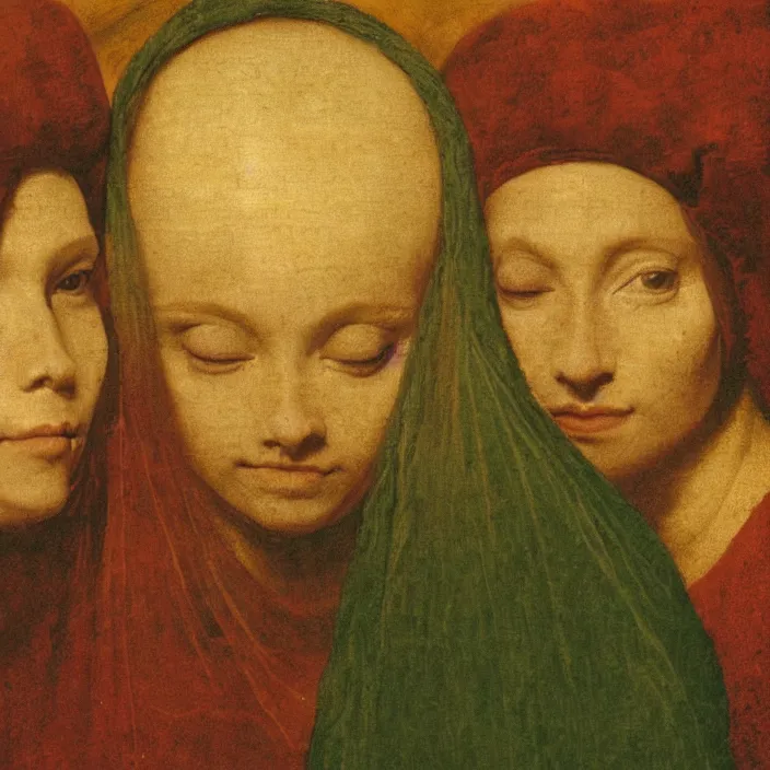 Image similar to a closeup portrait of a three - headed horned women, floating in huge levitating luminescent orb, in a foggy pond, golden hour, by jan van eyck