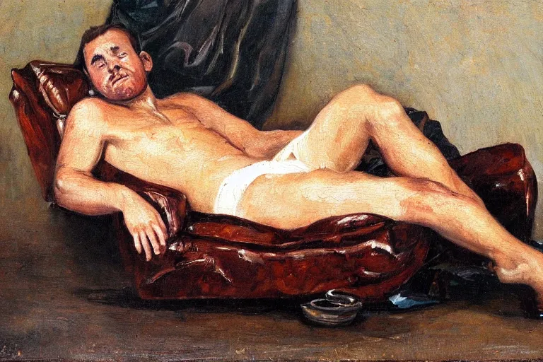 Image similar to a oil painting painting of a caucasian man relaxing on a brown reclined leather chair