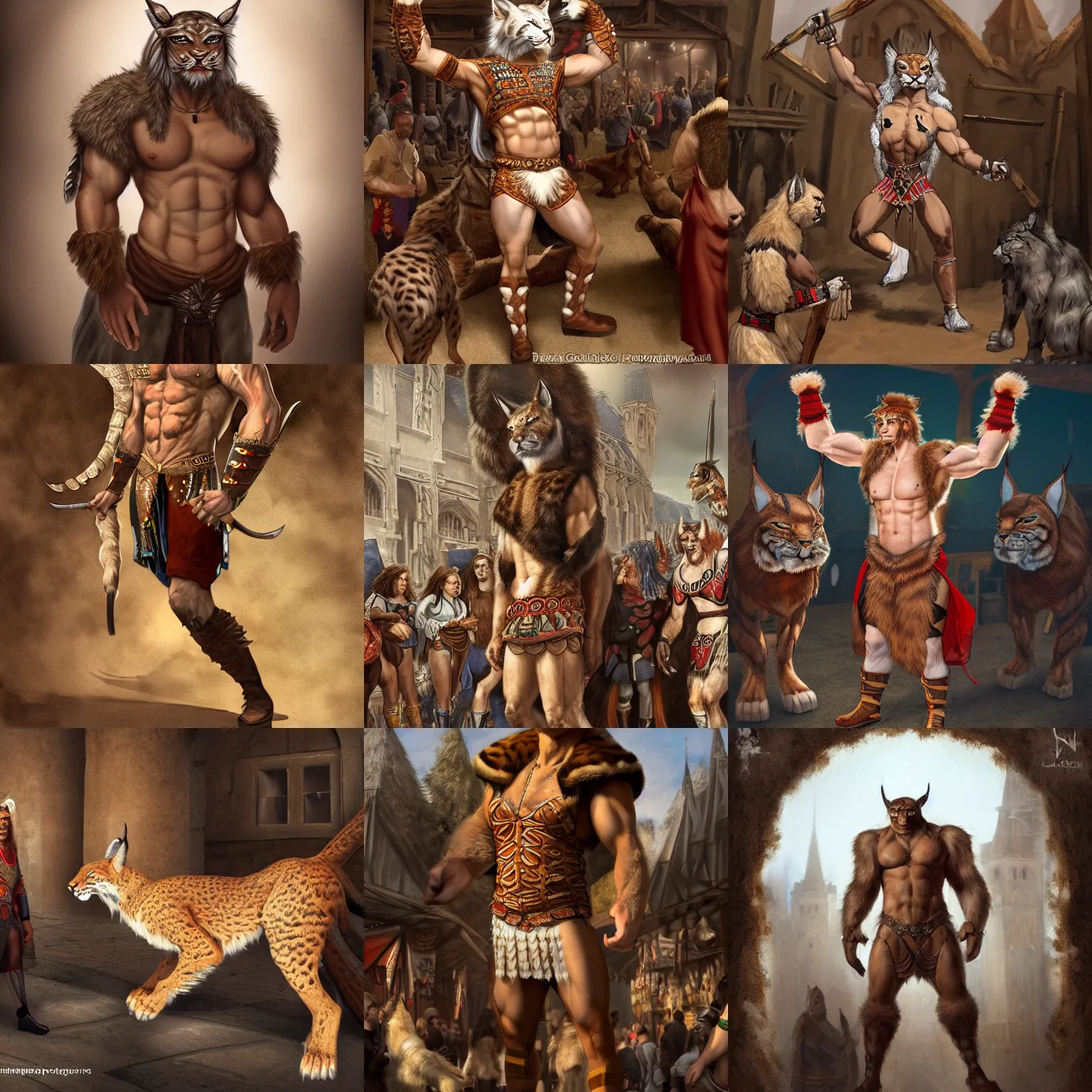 Prompt: An award winning photography of upper body of a cool looking muscular lynx beast-man with white mane and brown body fur at a bustle medieval market. He has long and pointy tail. He is wearing tribal clothing. Renaissance style lighting. Trending on artstation