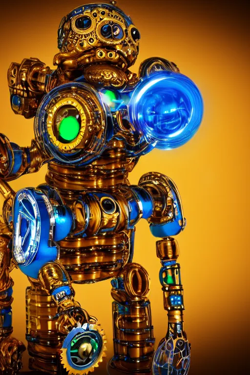 Image similar to photo of a smiling golden and blue metal steampunk robotbust covered with multicolored tubes and gears, eyes are glowing green lightbulbs, arms are music instruments, shiny crisp finish, 3 d render, 8 k, insaneley detailed, fluorescent colors