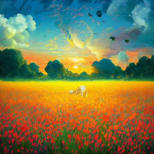 Image similar to a savannah bengal hybrid cat, surreal photography, flower field, beautiful sunset on a summer day light, impressionist painting, colorful clouds, blue sky, digital painting, artstation, simon stalenhag