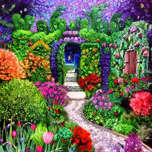 Image similar to a fairytale garden, painted by pablo amaringo