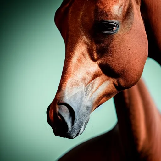 Image similar to green muscular being with no nose bald has big eyes small pupils riding a horse that is humanoid, photograph studio lighting portrait photography 8 k