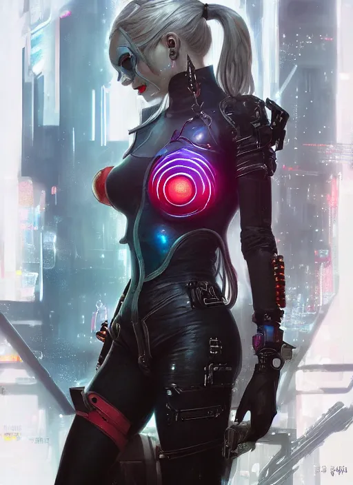 Image similar to a beautiful illustration of cyberpunk harley quinn with pointy ears, intricate, sharp focus, illustration, highly detailed, digital painting, concept art, matte, art by wlop and artgerm and greg rutkowski and alphonse mucha, masterpiece