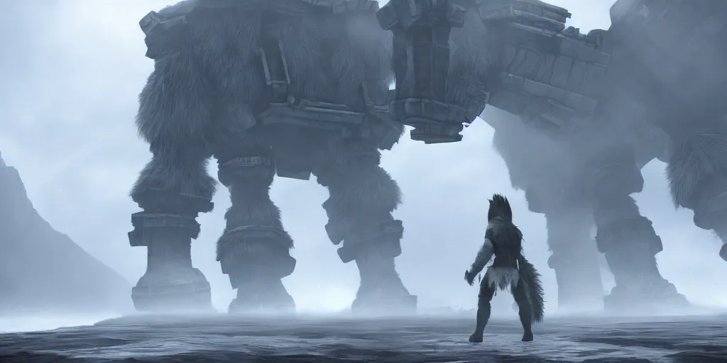 Image similar to colossus from shadow of the colossus with a white fur, fog, dark, fantasy, clean room, unreal engine, digital art