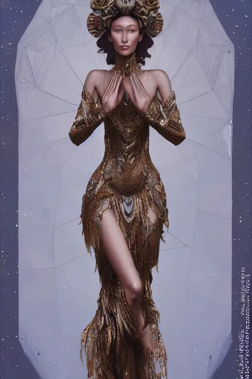 Prompt: a highly detailed painting of a beautiful alien goddess bella hadid in iris van herpen dress schiaparelli in diamonds in style of alphonse mucha art nuvo trending on artstation made in unreal engine 5