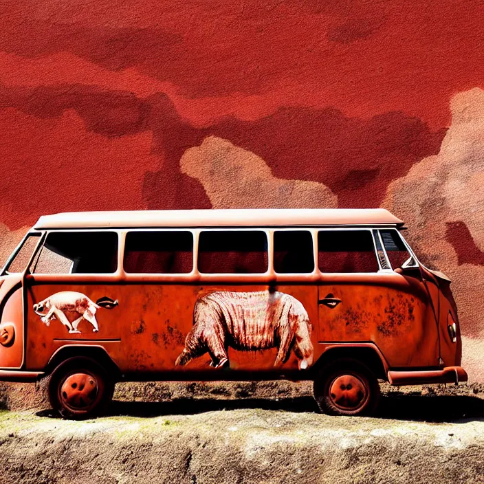 Prompt: red ocher painted on the wall image of ancient vw bus, mammoths and hunters, ancient prehistoric rock art in a cave style