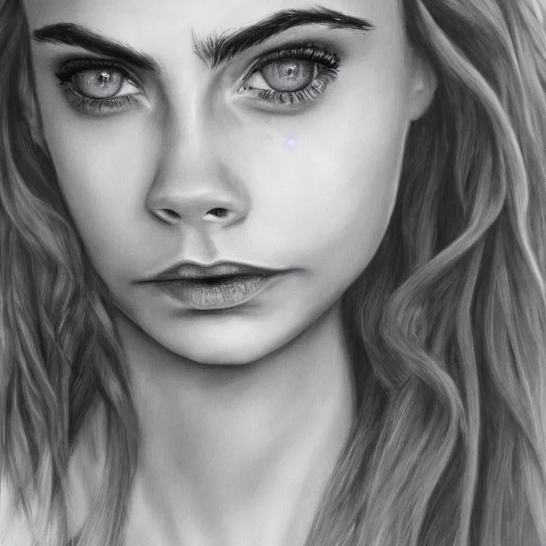 Image similar to Concept-art portrait of Cara Delevingne, photorealism, smiling face, clear eyes, pencil painting