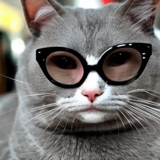 Prompt: grey and white cat with glasses, nerdy cat, funny