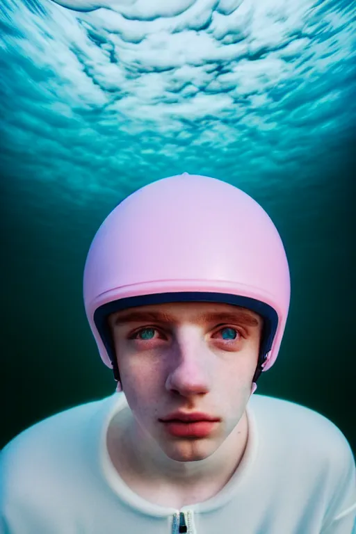 Image similar to high quality pastel coloured film mid angle portrait photograph of a beautiful young 2 0 year old male, soft features, short hair, rubber bike helmet and oversized inflated clothing!!!! icelandic black! rock pool environment. atmospheric three point light. photographic. art directed. ( pastel colours ). volumetric. clearcoat. waves. 8 k. filmic.