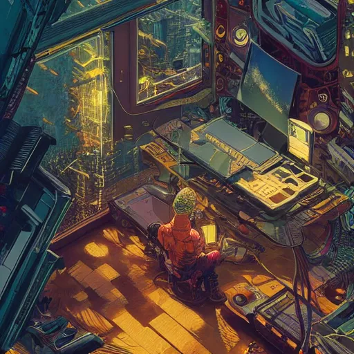 Image similar to Stunningly detailed illustration of a cyberpunk explorer playing video games in his treehouse, highly detailed, 4k octane render, by Victo Ngai, James Gilleard , Moebius, Laurie Greasley