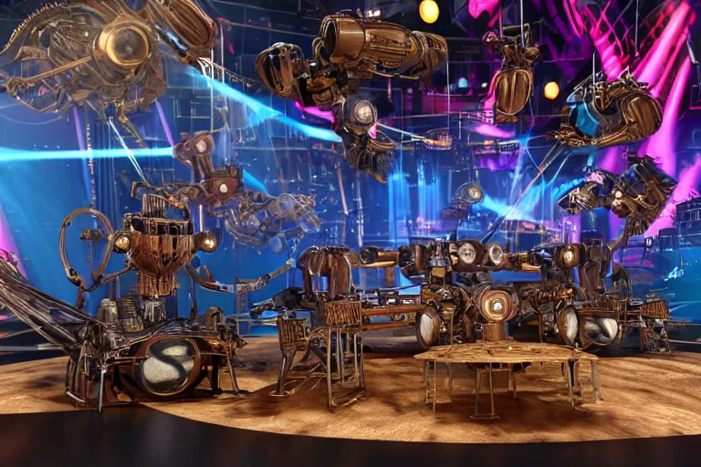 Prompt: stage is from americas got talent, we see the jury desk, behind the desk sits the jury is 3 golden and blue metal humanoid steampunk robots wearing and gears and tubes, eyes are glowing red lightbulbs, shiny crisp finish, 3 d render, 8 k, insaneley detailed, fluorescent colors, background is multicolored lasershow