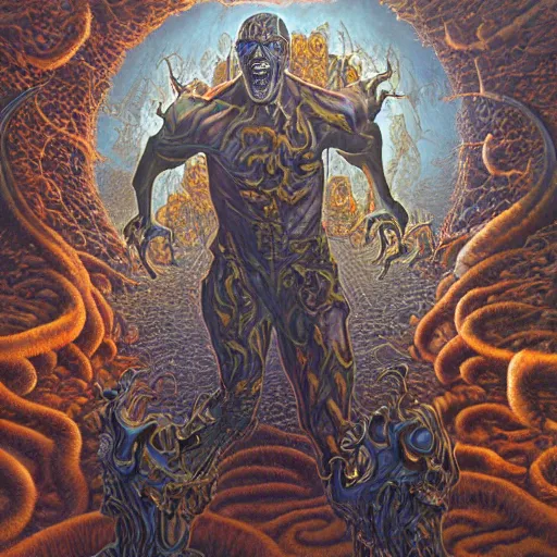 Prompt: a grand scale matte painting of a skinned man in hell by clive barker and alex grey and michael whelan