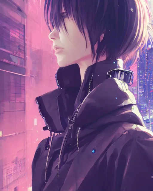 Image similar to kyoto animation, cool girl wearing cyberpunk intricate streetwear, beautiful, detailed portrait, cell shaded, 4 k, concept art, by wlop, ilya kuvshinov, artgerm, krenz cushart, greg rutkowski, pixiv. cinematic dramatic atmosphere, sharp focus, volumetric lighting, cinematic lighting, studio quality