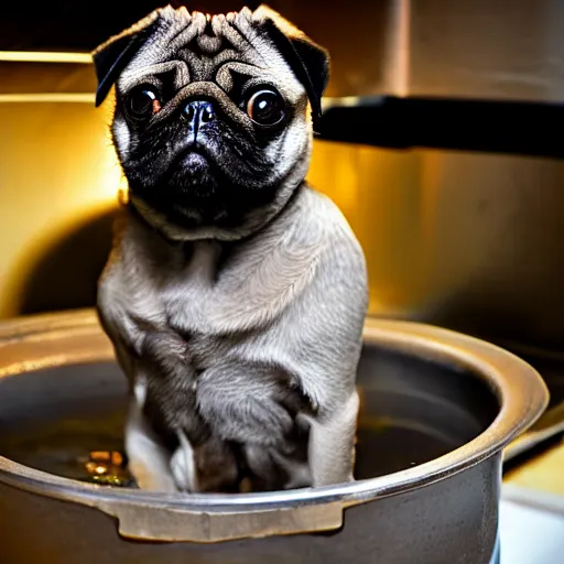 Image similar to An adorable pug sitting in a pot of water atop a stove, high resolution photograph