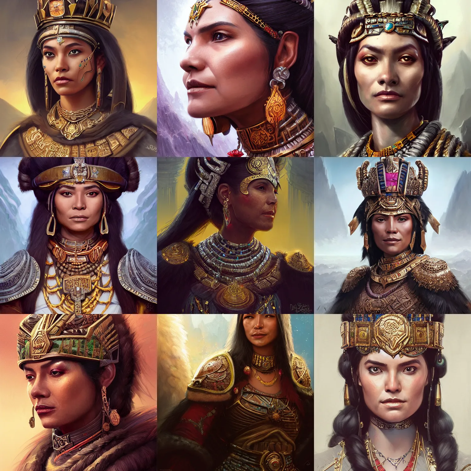 Image similar to incan empress, magaly solier, D&D, fantasy, portrait, highly detailed, digital painting, trending on artstation, concept art, sharp focus, illustration, art by artgerm and greg rutkowski and magali villeneuve