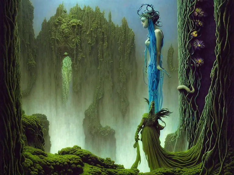 Image similar to the female arcanist and the male artificer by ferdinand knab and roger dean and brom and zdzisław beksinski and greg staples and louis janmot, beautiful, flowing magical robe, highly detailed, hyperrealistic, intricate, energy, electric, blue flame, low light, green crystal, high contrast, old and young, lifelike