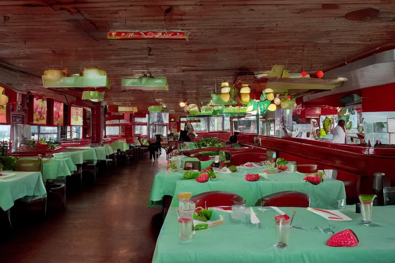 Prompt: 2 0 1 2 watermelon new jersey diner, tables repeat endlessly into the horizon, fruitcore, one point perspective, americana photographer