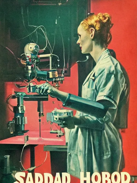 Prompt: a female mad scientist in a lab coat building a robot!!! man!!!, in a darkly lit laboratory room, 1 9 5 0 s horror film movie poster style, ( norman rockwell oil painting ), retro vintage, saturated pink and green lighting, shadowy lighting