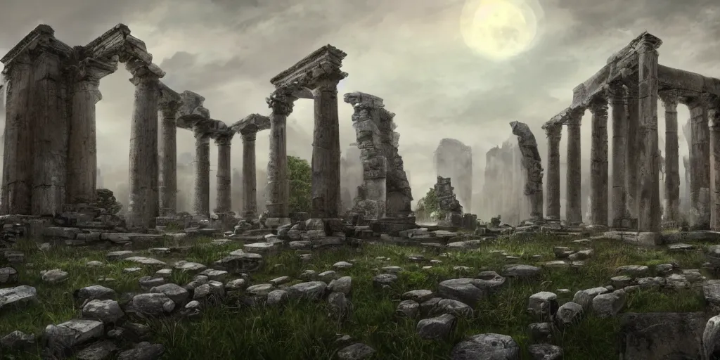 Prompt: ancient ruins, fantasy apocalypse, dystopian, digital art, 4 k