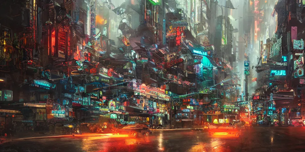 Prompt: a guatemalan crowded cyberpunk city with the fifth element vibe with neon ads and signs with evocative dramatic mood with blade runner vibe with cars and floating vehicles with motion blur with depth of field with bloom with lightshaft with volumetric lights, fog, by jeremy mann, oscar winning graphics, photo realistic, bloom, imax, dynamic lighting, artstation,