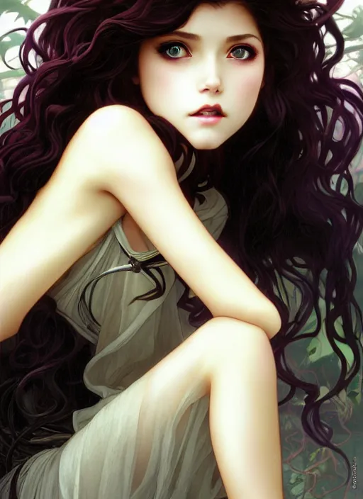 Prompt: young vampire girl, goddess of obsidian diamonds and black roses, with long curly, golden hair, perfectly proportioned face, brown eyes, sweet smile, strong jawline, natural lighting, path traced, highly detailed, high quality, cartoon, digital painting, by new haicheng studio ghibli and riccardo federici and alphonse mucha