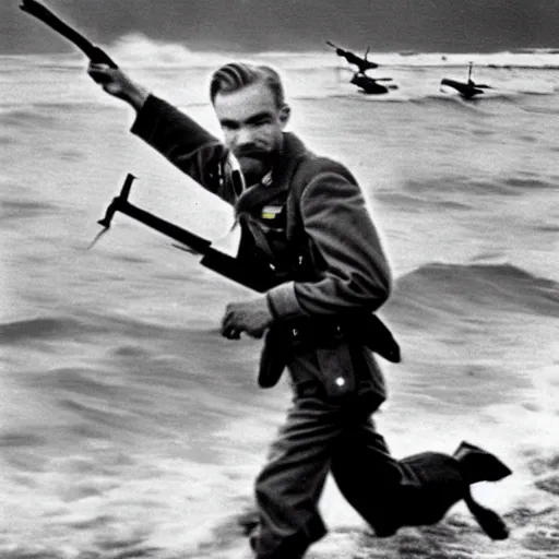 Prompt: Pewdiepie storming the beaches of Normandy, 1945, Colourized