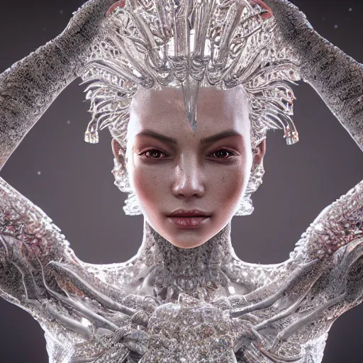 Image similar to full body detailed, ethereal, biomechanical, covered in diamonds and other gems glowing, highly detailed face, elegant posed, intricate, extremy detailed, beeple, cgsociety, 3 d unreal engine octane render. cinematic lighting, highly detailed 4 k art