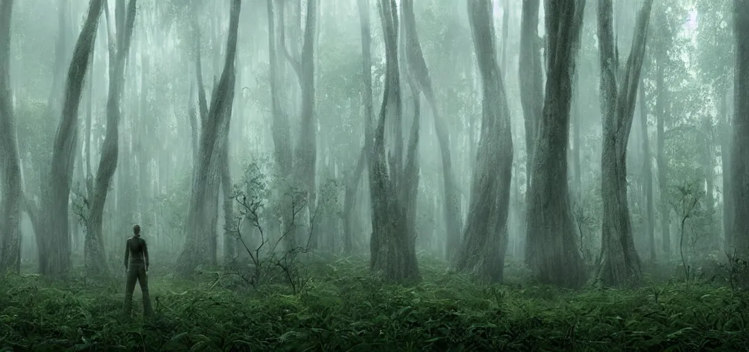 Prompt: a complex organic fractal 3 d ceramic humanoid megastructure skyscraper in a swampy lush forest, foggy, cinematic shot, photo still from movie by denis villeneuve