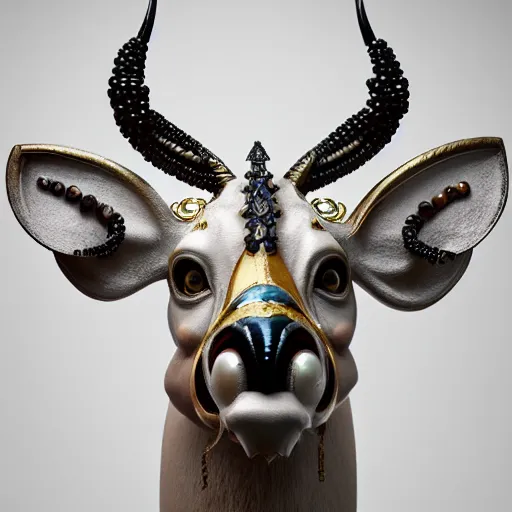 Prompt: kudu mask made of pearl beads : by michal karcz, daniel merriam, victo ngai and guillermo del toro : ornate, dynamic, particulate, intricate, elegant, highly detailed, centered, artstation, smooth, sharp focus, octane render