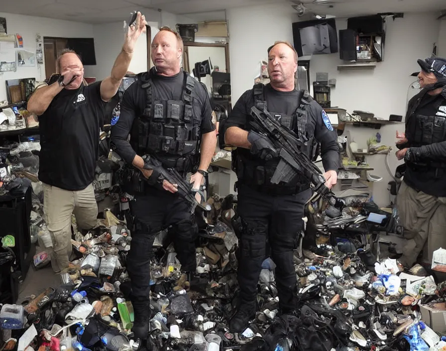 Image similar to SWAT Police group raiding Alex Jones in his INFOWARS studio surrounded by trash and herbal supplements and rubbish and broken camera TV equipment, Alex Jones is very angry, smoke and gas, dramatic press photo