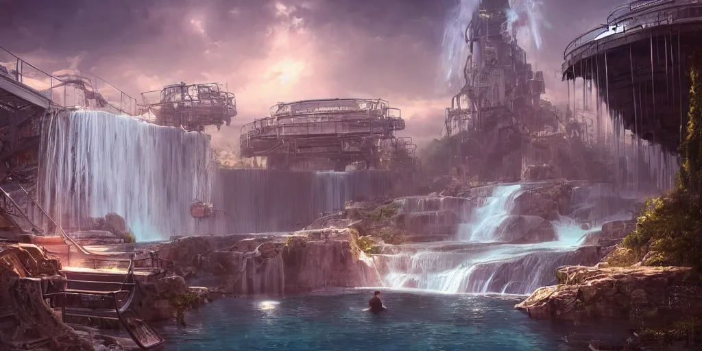Image similar to beautiful pool waterfalls surrounded by alien robots, steel archways, industrial buildings, rusty metal towers, sun setting, ross tran, fantasy, james jean, peter morbacher, angelarium, alchemy, luxury, heavenly light, soft illumination, trending on artstation, cinematic lighting, digital painting, octane render, artgerm