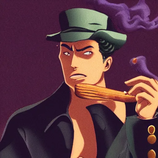 Prompt: Jotaro Kujo smoking a cigar, at a bar, dramatic lighting, 4k