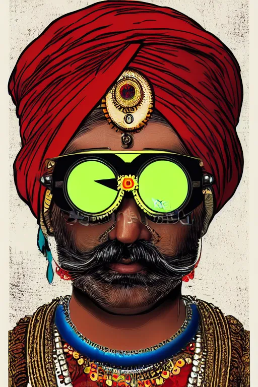 Image similar to face portrait of an indian man with long neon moustache rajasthani pagdi wearing steampunk goggles and jewelry, art by butcher billy and mucha, sticker, colorful, illustration, highly detailed, simple, smooth and clean vector curves, no jagged lines, vector art, smooth