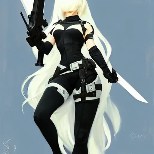 Prompt: greg manchess portrait painting of a 2 yorha type a no. 2 as overwatch character!! holding a sword!!, white long hair, organic painting, sunny day, matte painting, bold shapes, hard edges, street art, trending on artstation, by huang guangjian and gil elvgren and sachin teng