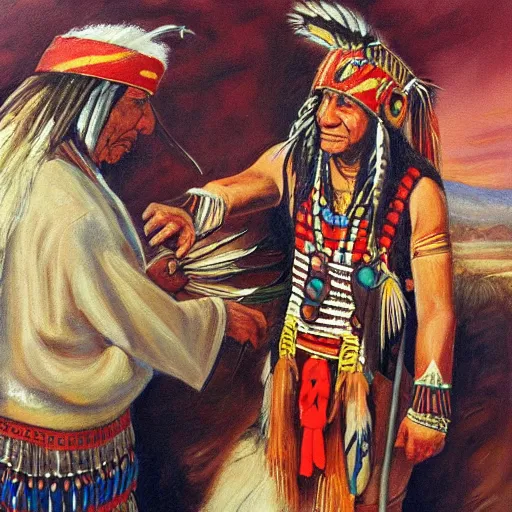 Image similar to a painting of a native american chief selling his bitcoin, in traditional dress, by atrgerm