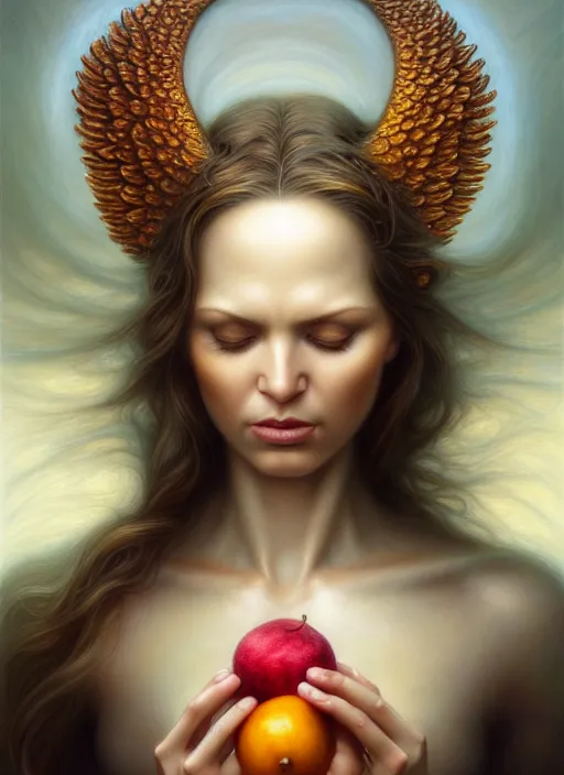 Prompt: woman as an angel holding fruits, fine art, intricate, elegant, highly detailed, realistic hair, centered, digital painting, art station, conceptual art, soft, sharp focus, illustration, artwork, artgerm, tomasz alen kopera, peter mohrbacher, donato giancola, wlop, boris vallejo