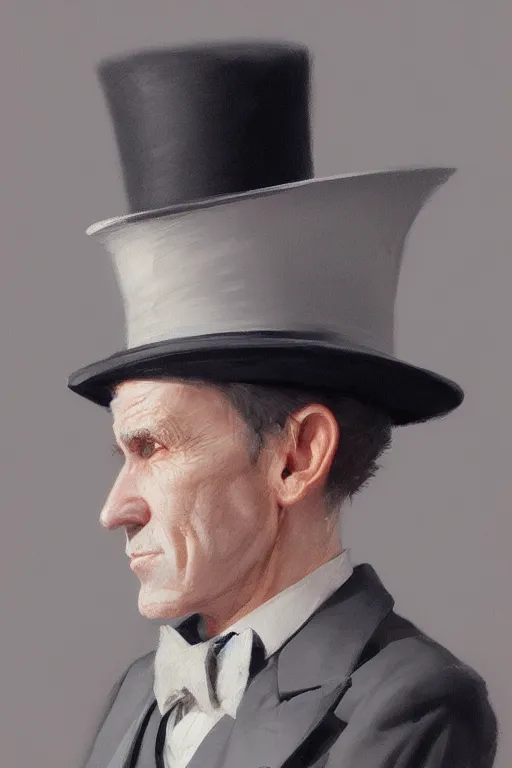 Image similar to a grey hair halfling stubble top hat and suit by Greg Rutkowski, painting, portrait, HD, high details, trending on artstation