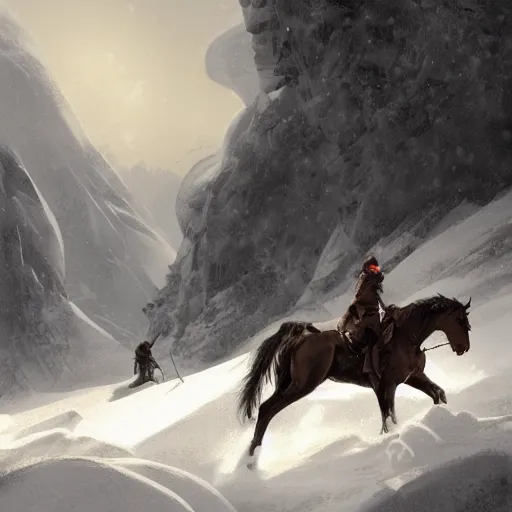 Prompt: Landscape of snowy mountains where we can perceive in the distance two riders on horses crossing the snow, snow storm, highly detailed, digital painting, artstation, concept art, illustration, art by Bayard Wu and Marc Simonetti