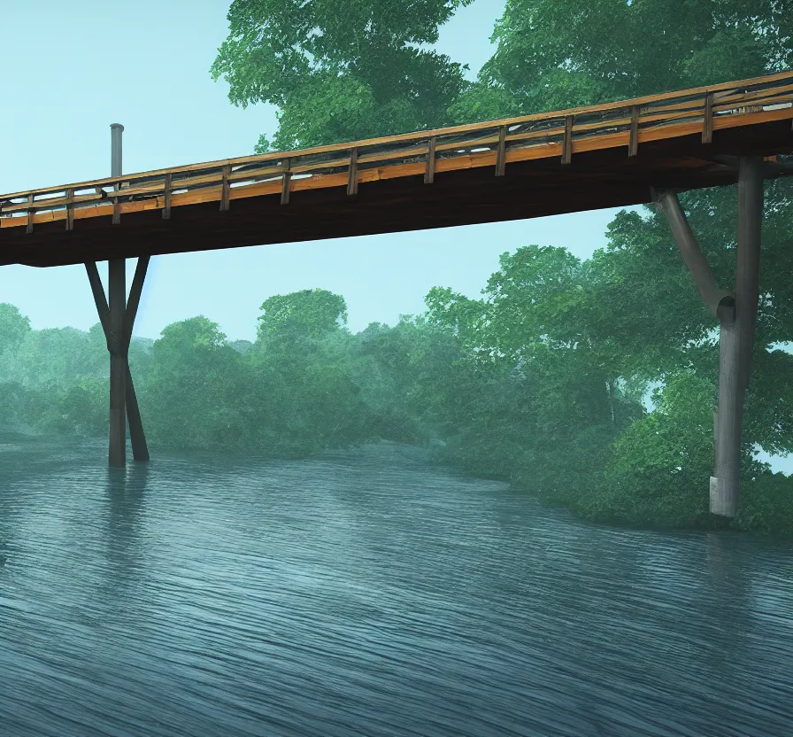 Image similar to long wood bridge to island, unreal engine, digital, acrilic paint