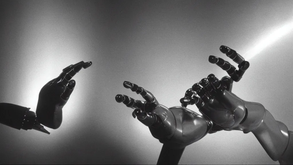 Prompt: movie scene of a robot extending finger, movie still, cinematic composition, cinematic light, by david lynch