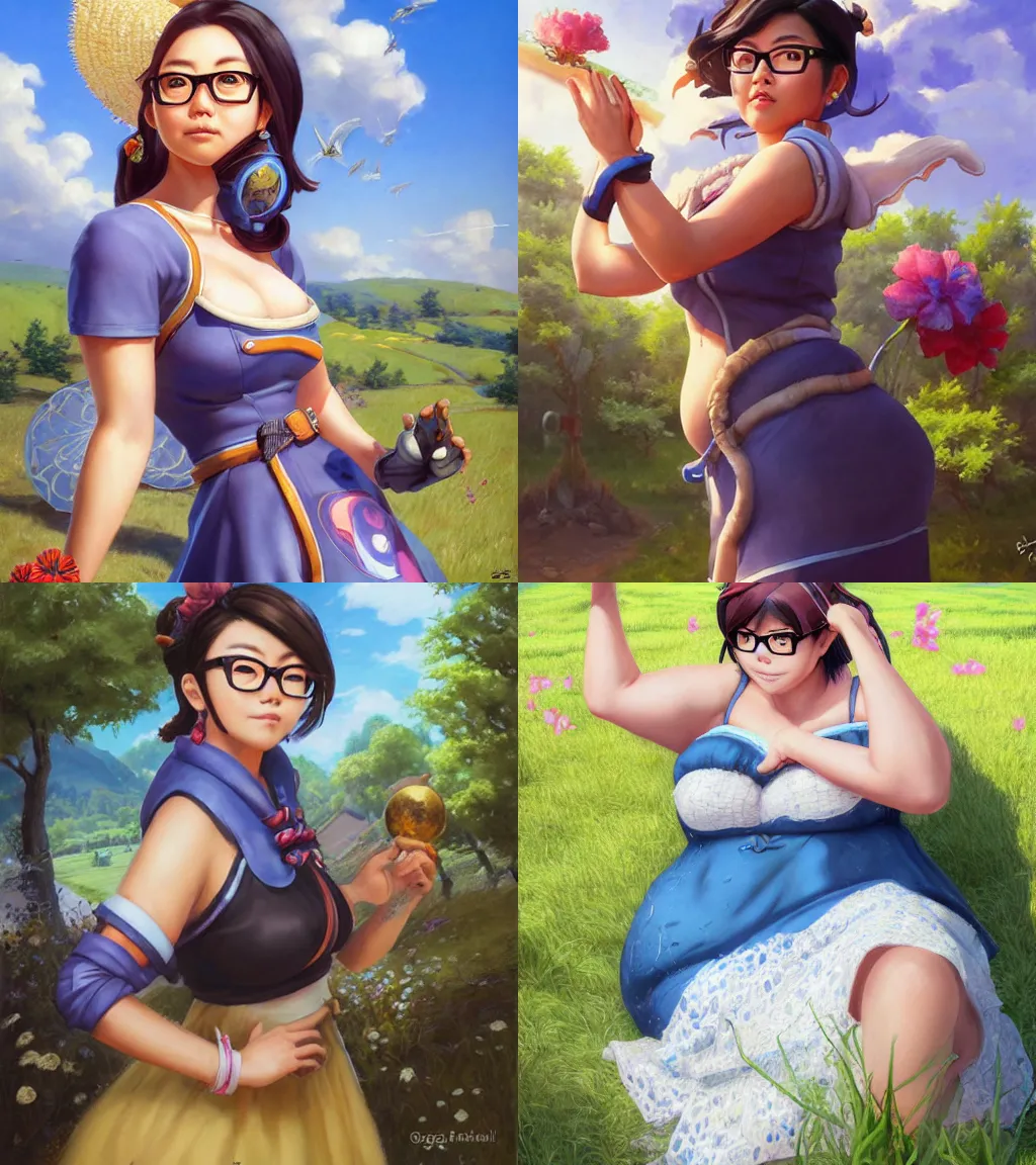 Prompt: portrait, mei from overwatch wearing a beautiful summer dress in the countryside, by greg staples and jeff easley, plump, beautiful scene, hyper - realistic, intricate, summer day, sunlight, cheerful, soft lighting, detailed, glasses