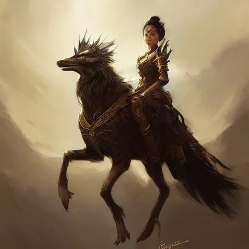 Image similar to asian woman holding an eagle on a horse, greg rutkowski, fantasy, intricate, elegant, wolf nearby, highly detailed, digital painting, artstation, concept art, long shot, cinematic lighting