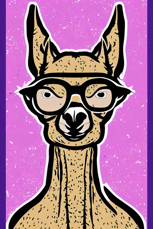 Prompt: Vector based poster of a hipster llama in the style of die cut sticker, color, high resolution, vector art