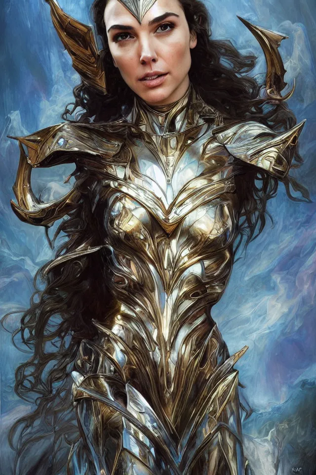 Prompt: Frightening and beautiful Gal Gadot as High elf queen wearing high fashion from Alexander McQueen and Iris Van Herpen, hyperrealistic masterpiece painted by Jaime Jones, Craig Mullins, Artgerm and Alphonse Mucha